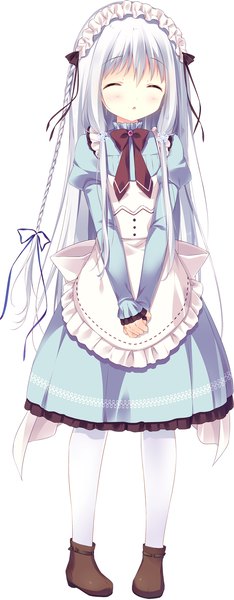 Anime picture 1036x2650 with sugatem! -sugarfull tempering- miyohashi koori shiratama (shiratamaco) single long hair tall image blush simple background white background silver hair full body braid (braids) eyes closed official art :o maid tress ribbon girl uniform ribbon (ribbons)