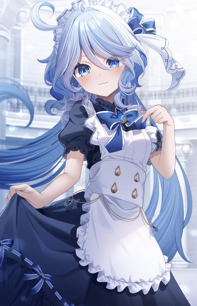 Anime picture 2464x3825 with genshin impact furina (genshin impact) sapphire (sapphire25252) single long hair tall image looking at viewer blush fringe highres blue eyes hair between eyes blue hair silver hair ahoge multicolored hair two-tone hair maid girl uniform