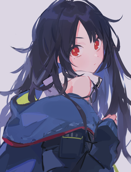 Anime picture 2150x2823 with girls frontline c-ms (girls frontline) tarouoga single long hair tall image looking at viewer blush fringe highres black hair simple background red eyes upper body off shoulder grey background mole mole under eye turning head sketch