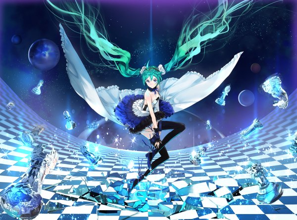 Anime-Bild 2000x1484 mit vocaloid hatsune miku macciatto (aciel02) single long hair looking at viewer highres blue eyes smile twintails bare shoulders aqua hair night sparkle night sky checkered floor jumping floor space girl