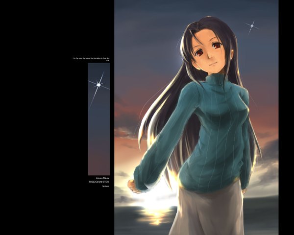 Anime picture 1280x1024 with idolmaster miura azusa satomura kyou long hair looking at viewer black hair red eyes sky inscription black background evening sunset girl sea star (stars) sweater