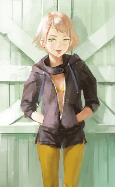 Anime picture 1184x1920 with original arata yokoyama single tall image blush fringe short hair light erotic blonde hair standing green eyes outdoors light smile open clothes open jacket shadow :p hands in pockets girl earrings