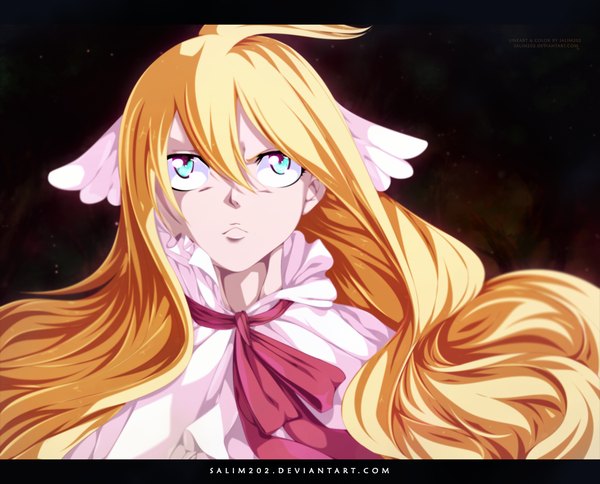 Anime picture 1000x807 with fairy tail mavis vermillion salim202 single long hair blonde hair ahoge aqua eyes loli coloring dark background head wings girl dress wings