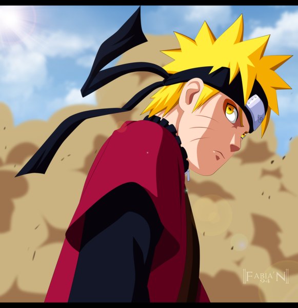 Anime picture 2590x2676 with naruto studio pierrot naruto (series) uzumaki naruto fabiansm single tall image highres short hair blonde hair yellow eyes sky cloud (clouds) sunlight from below coloring facial mark letterboxed smoke whisker markings