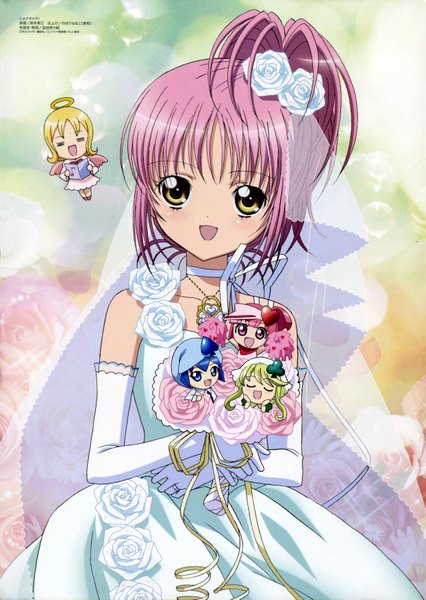 Anime picture 4971x7006 with shugo chara! megami magazine hinamori amu ran (shugo chara!) suu (shugo chara!) miki (shugo chara!) el (shugo chara!) tall image highres short hair open mouth blonde hair smile holding yellow eyes blue hair pink hair absurdres eyes closed scan