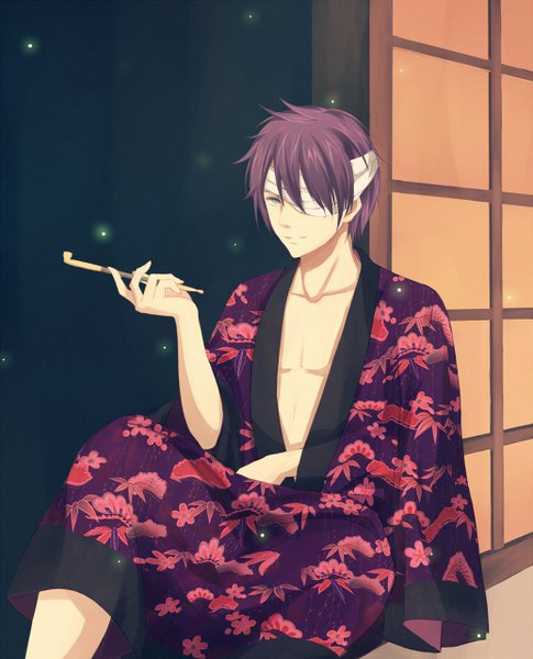 Anime picture 1035x1280 with gintama sunrise (studio) takasugi shinsuke saik (pixiv2239866) single tall image short hair purple hair japanese clothes smoking bandage over one eye boy bandage (bandages) yukata fireflies pipe kiseru