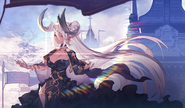 Anime picture 1500x875 with original arma shape of soul yoo (tabi no shiori) single looking at viewer fringe breasts hair between eyes red eyes wide image large breasts standing yellow eyes payot cleavage white hair braid (braids) very long hair horn (horns) wind