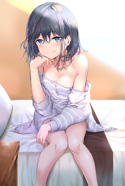 Anime picture 1923x2861 with masamune-kun no revenge silver link adagaki aki nyung single long hair tall image looking at viewer blush fringe highres breasts blue eyes light erotic black hair smile hair between eyes sitting bare shoulders indoors