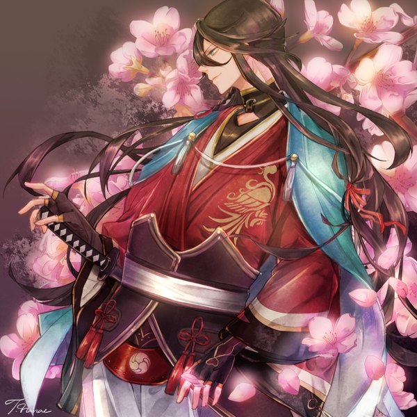 Anime picture 1600x1600 with touken ranbu nitroplus izuminokami kanesada au030chu single long hair smile brown hair green eyes signed traditional clothes japanese clothes profile cherry blossoms boy gloves weapon plant (plants) petals sword