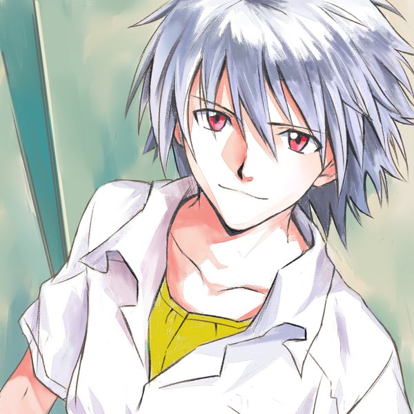 Anime picture 1000x1000 with neon genesis evangelion gainax nagisa kaworu chenyilei930 single looking at viewer fringe short hair simple background hair between eyes red eyes silver hair upper body light smile portrait green background boy shirt white shirt
