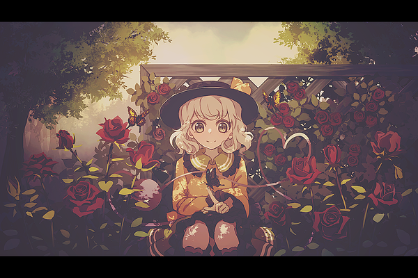 Anime picture 1200x800 with touhou komeiji koishi dise single short hair smile yellow eyes grey hair letterboxed squat butterfly on hand heart of string girl flower (flowers) plant (plants) hat tree (trees) heart rose (roses) insect