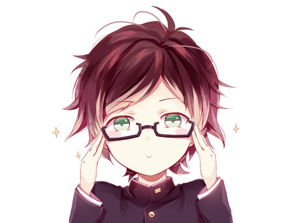 Anime picture 1206x928 with diabolik lovers idea factory sakamaki ayato tamagoyaki (megane-daisuki) single looking at viewer blush short hair simple background smile white background green eyes upper body ahoge red hair long sleeves alternate age adjusting glasses younger boy