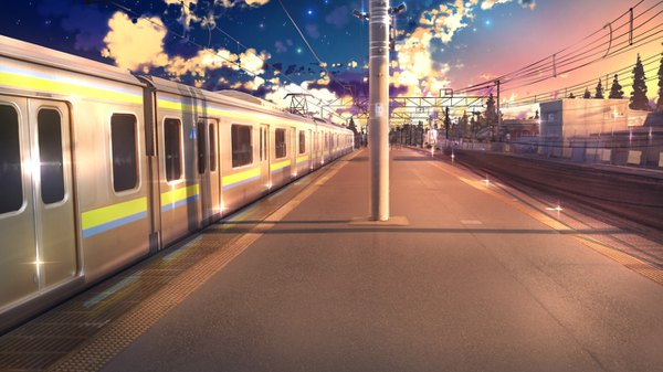 Anime picture 1281x720 with original anonamos701 wide image sky cloud (clouds) sunlight sparkle shadow evening sunset no people sunbeam scenic street plant (plants) tree (trees) star (stars) wire (wires) road train