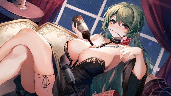 Anime picture 4800x2700 with azur lane littorio (azur lane) littorio (calabria aurea) (azur lane) shiro kanae single long hair looking at viewer fringe highres breasts light erotic hair between eyes red eyes wide image large breasts sitting bare shoulders holding absurdres indoors