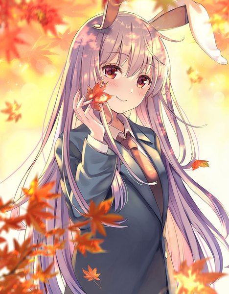 Anime picture 1000x1283 with touhou reisen udongein inaba yuuka nonoko single long hair tall image looking at viewer blush fringe smile hair between eyes red eyes standing holding animal ears purple hair outdoors bunny ears bunny girl autumn