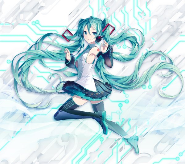 Anime picture 1440x1280 with vocaloid hatsune miku hatsune miku (vocaloid3) ixima single looking at viewer twintails bare shoulders very long hair aqua eyes aqua hair girl skirt detached sleeves necktie headphones thigh boots