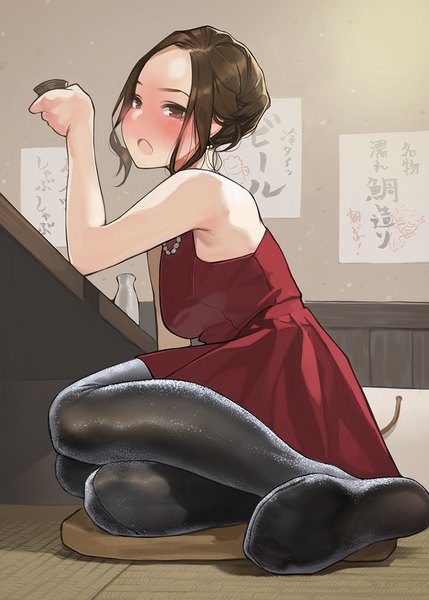 Anime picture 858x1200 with original yomu (sgt epper) single tall image looking at viewer blush short hair open mouth brown hair sitting bare shoulders holding brown eyes payot full body bent knee (knees) indoors arm support :o leaning