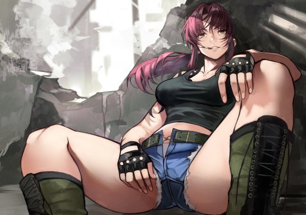 Anime picture 5016x3541 with black lagoon madhouse revy (black lagoon) yoshio (55level) single long hair looking at viewer fringe highres breasts light erotic hair between eyes holding yellow eyes payot absurdres purple hair ponytail head tilt wind