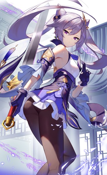 Anime picture 1850x3000 with genshin impact keqing (genshin impact) scottie (phantom2) single long hair tall image looking at viewer fringe highres light erotic hair between eyes standing purple eyes twintails bare shoulders payot purple hair ass wide sleeves hair bun (hair buns)