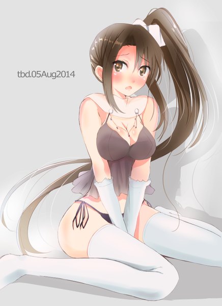 Anime picture 2181x3000 with kantai collection nachi heavy cruiser tebi (tbd11) single tall image looking at viewer blush highres breasts open mouth light erotic simple background brown hair sitting brown eyes signed ponytail very long hair grey background shadow