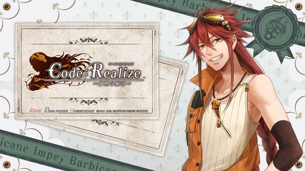 Anime picture 1920x1080 with code: realize ~sousei no himegimi~ impey barbicane miko (artist) single long hair looking at viewer fringe highres hair between eyes wide image green eyes red hair braid (braids) copyright name character names goggles on head boy pendant goggles