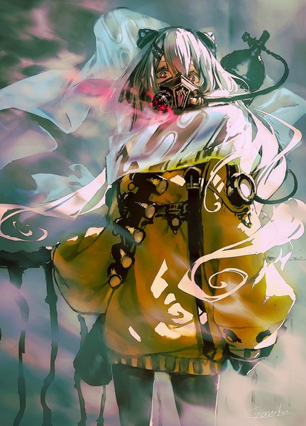 Anime picture 651x906 with original garuku single long hair tall image looking at viewer fringe hair between eyes red eyes standing twintails signed silver hair blurry low twintails smoke girl gloves hair ornament black gloves