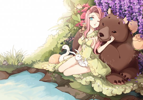 Anime picture 1503x1062 with my little pony my little pony friendship is magic fluttershy siam long hair sitting pink hair one eye closed aqua eyes light smile bare legs kneeling nature lake personification girl dress flower (flowers) plant (plants) animal