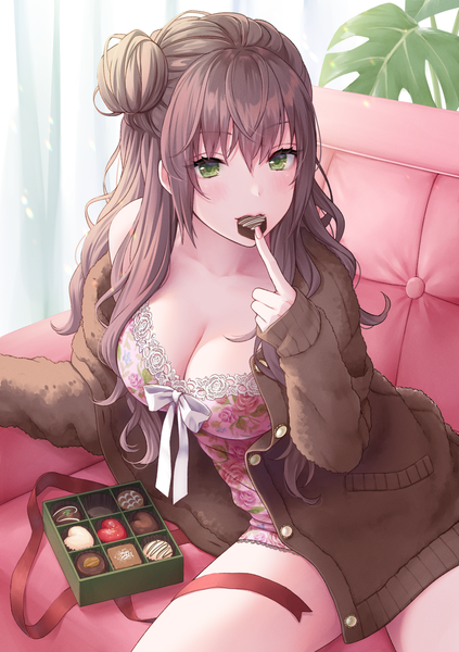 Anime picture 1000x1419 with original daidai jamu single long hair tall image looking at viewer blush fringe breasts light erotic hair between eyes brown hair sitting green eyes cleavage indoors long sleeves fingernails off shoulder open clothes