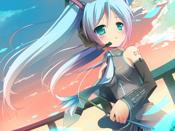 Anime picture 1041x780 with vocaloid hatsune miku masaki (machisora) single long hair blush open mouth twintails sky cloud (clouds) aqua eyes wind tattoo evening sunset sad girl flower (flowers) detached sleeves necktie