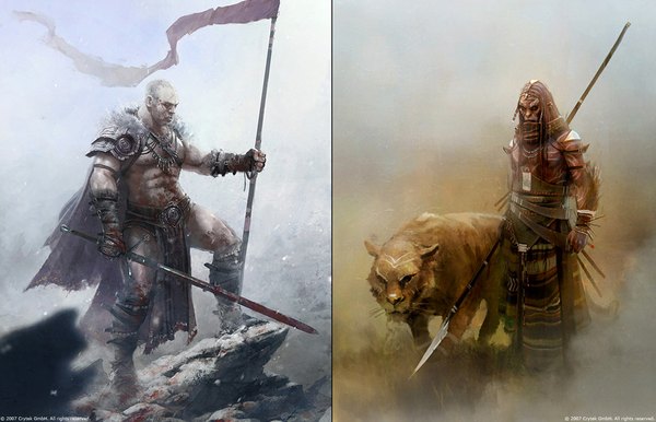 Anime picture 1100x709 with tiger1313 short hair holding snowing winter multiview warrior boy sword blood cloak spear flag banner lion