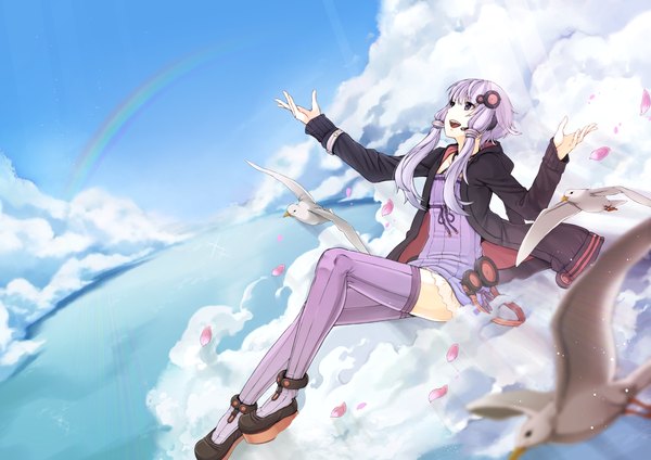 Anime picture 3035x2149 with vocaloid yuzuki yukari yuu (kyuutai kansetsu) single long hair highres open mouth blue eyes twintails absurdres sky purple hair cloud (clouds) low twintails flying girl thighhighs hair ornament animal petals