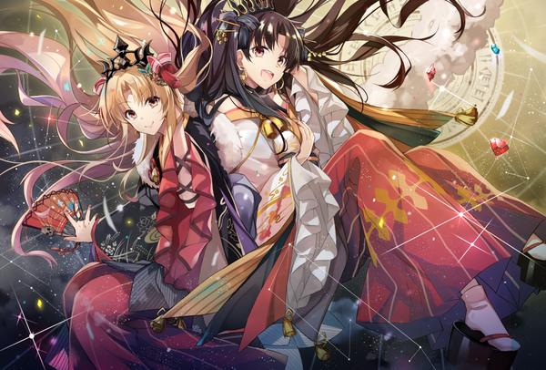 Anime picture 900x610 with fate (series) fate/grand order ishtar (fate) ereshkigal (fate) hirai yuzuki long hair looking at viewer fringe open mouth blonde hair smile sitting multiple girls brown eyes traditional clothes :d japanese clothes wide sleeves sparkle two side up