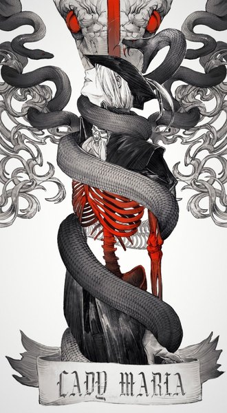 Anime picture 988x1799 with bloodborne from software lady maria of the astral clocktower megasus single tall image short hair simple background white background white hair parted lips character names skeleton spot color girl hat animal snake reptile