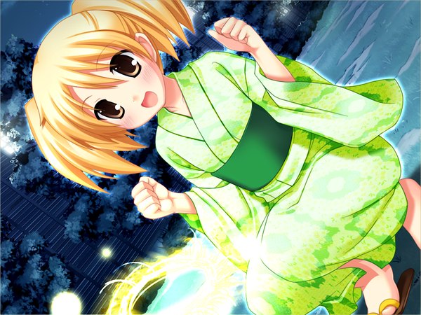 Anime picture 1024x768 with green strawberry single blush open mouth blonde hair twintails brown eyes game cg japanese clothes loli short twintails girl kimono