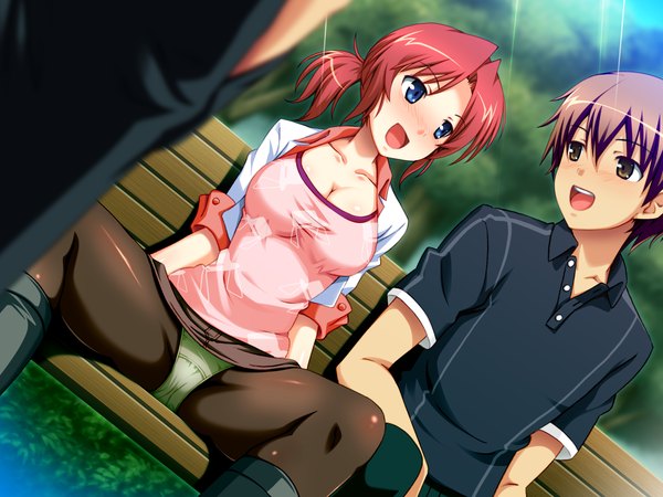 Anime picture 1600x1200 with soushinjutsu mobius yukirin long hair blush open mouth blue eyes light erotic brown hair brown eyes game cg red hair spread legs pantyshot sitting girl boy underwear panties