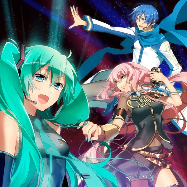 Anime picture 1039x1039 with vocaloid hatsune miku megurine luka kaito (vocaloid) murakami yuichi long hair short hair open mouth blue eyes twintails bare shoulders multiple girls blue hair pink hair nail polish aqua hair girl boy 2 girls detached sleeves