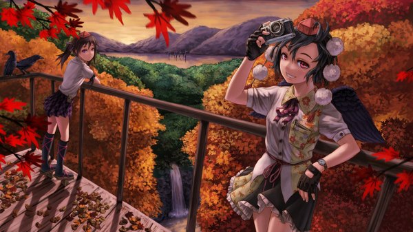 Anime picture 1920x1080 with touhou shameimaru aya himekaidou hatate kurione (zassou) looking at viewer highres short hair black hair red eyes brown hair wide image purple eyes twintails multiple girls short twintails landscape autumn waterfall lake girl