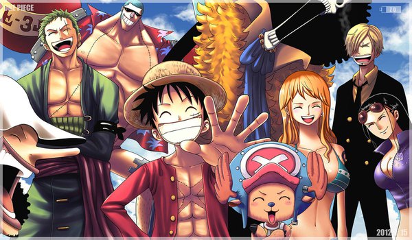 Anime picture 1500x875 with one piece toei animation nami (one piece) monkey d. luffy nico robin roronoa zoro sanji tony tony chopper usopp franky brook (one piece) zhang ding long hair fringe short hair breasts open mouth black hair blonde hair smile