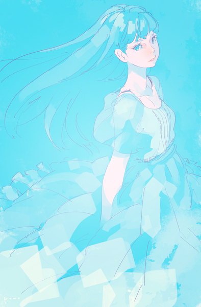 Anime picture 750x1140 with original pomodorosa single long hair tall image looking at viewer fringe blue eyes simple background blue hair blue background girl dress blue dress