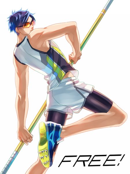 Anime picture 1200x1600 with free! kyoto animation ryugazaki rei zoff (daria) single tall image looking at viewer short hair simple background white background bare shoulders blue hair pink eyes inscription boy shorts sunglasses white shorts