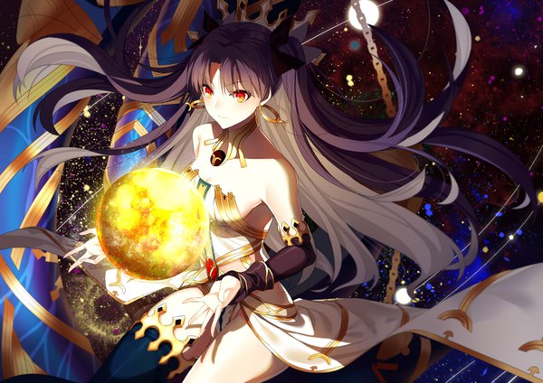 Anime picture 3507x2480 with fate (series) fate/grand order ishtar (fate) yaoshi jun single long hair highres light erotic black hair red eyes bare shoulders looking away absurdres two side up floating hair space girl detached sleeves earrings tiara