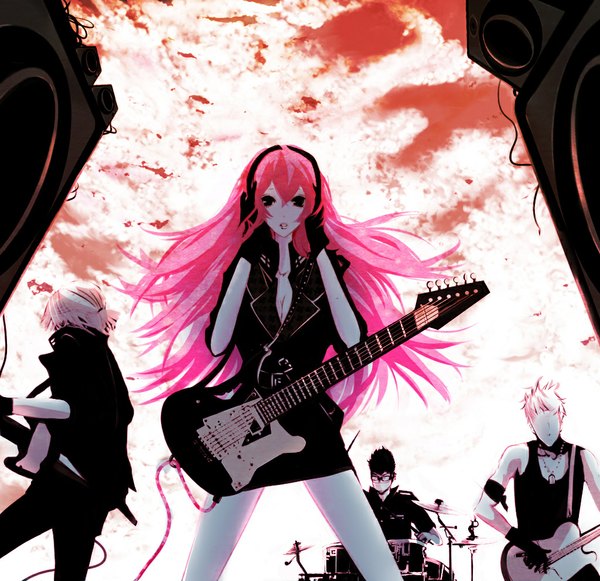 Anime picture 1024x992 with vocaloid forbidden happiness (vocaloid) megurine luka uni (nacchan) long hair looking at viewer pink hair sky cloud (clouds) black eyes group girl boy gloves black gloves glasses guitar speakers drum set drumsticks