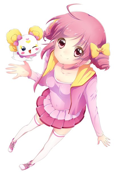 Anime picture 708x1062 with precure smile precure! toei animation hoshizora miyuki candy (smile precure!) kuune rin single tall image looking at viewer short hair simple background smile white background purple eyes purple hair drill hair girl thighhighs dress bow