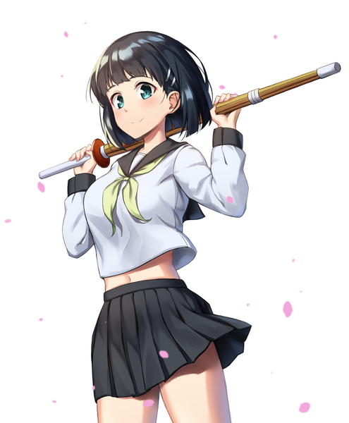 Anime picture 1300x1576 with sword art online a-1 pictures kirigaya suguha acso single tall image looking at viewer blush fringe short hair black hair simple background smile standing white background holding blunt bangs pleated skirt aqua eyes wind