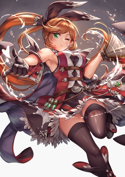 Anime picture 1000x1414 with granblue fantasy clarisse (granblue fantasy) ks single long hair tall image looking at viewer blush light erotic simple background brown hair holding green eyes payot bent knee (knees) one eye closed gradient background pointing girl thighhighs