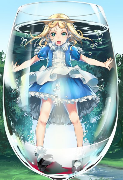 Anime picture 943x1375 with original sody (artist) single long hair tall image looking at viewer fringe open mouth blonde hair standing green eyes sky full body outdoors teeth short sleeves puffy sleeves partially submerged floating hair spread arms