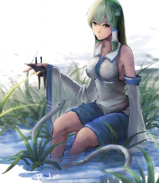 Anime picture 1114x1280 with touhou kochiya sanae pandea work single long hair tall image fringe breasts sitting holding green eyes signed looking away traditional clothes green hair wide sleeves miko girl skirt hair ornament