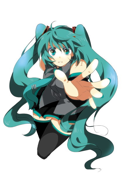 イラスト 1500x2102 と ボーカロイド 初音ミク 真理恵 ソロ 長身像 カメラ目線 ツインテール very long hair aqua eyes aqua hair 絶対領域 transparent background 女の子 スカート 袖だけ ミニスカート ネクタイ