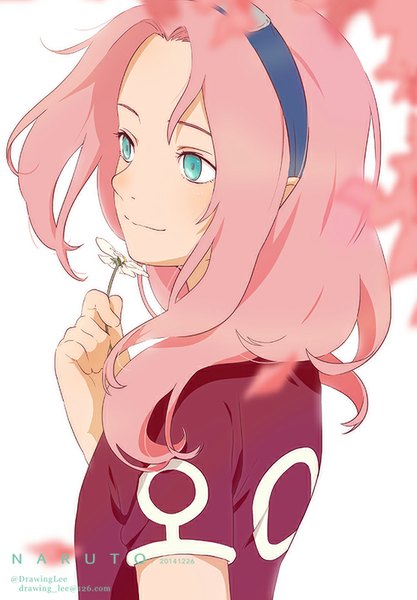 Anime picture 556x800 with naruto studio pierrot naruto (series) haruno sakura drawing lee single long hair tall image blue eyes smile pink hair wind cherry blossoms close-up girl flower (flowers) plant (plants) tree (trees) chamomile