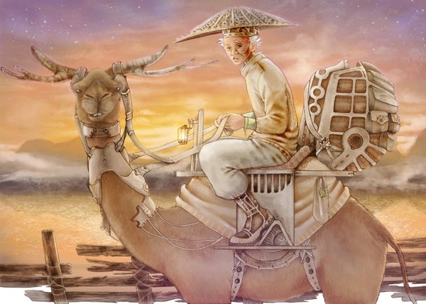 Anime picture 1400x1000 with original maki takaya short hair sky cloud (clouds) white hair horn (horns) riding old man boy hat animal star (stars) lantern